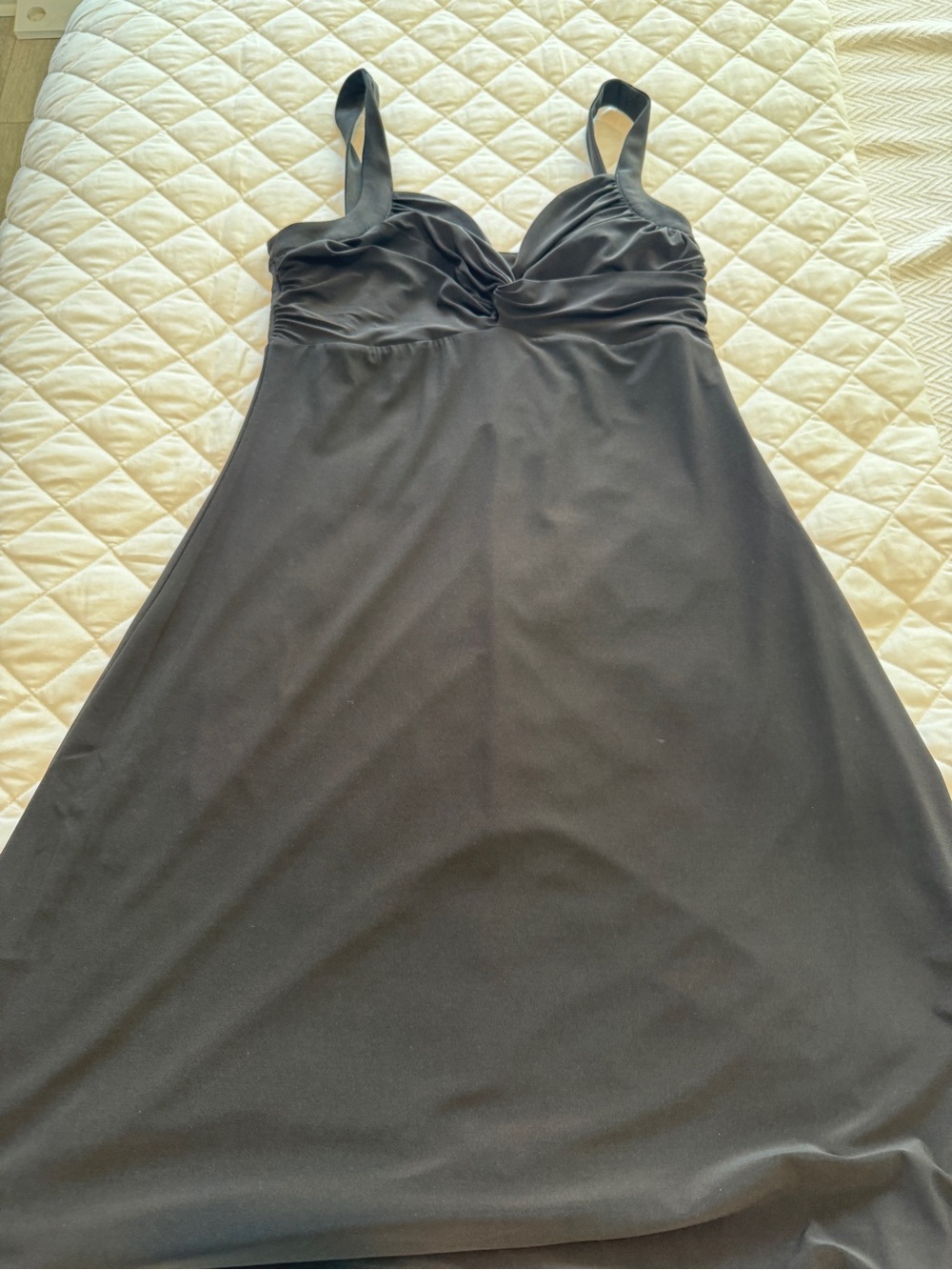 White House Black Market Black Midi Dress with Ruched Bust